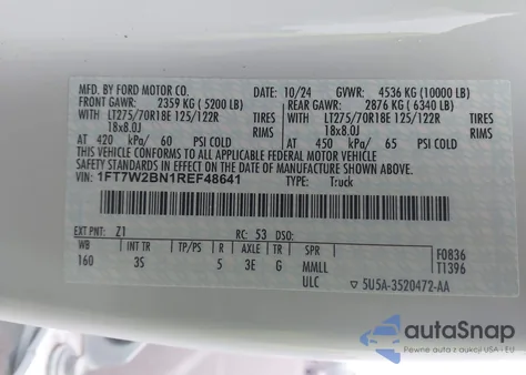 2024 Ford F-250 Xlt z USA, uszkodzony, nr VIN 1FT7W2BN1REF48641